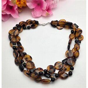 Vintage Tortoiseshell Lucite Triple Strand Beaded Necklace  Brown Black 17 in